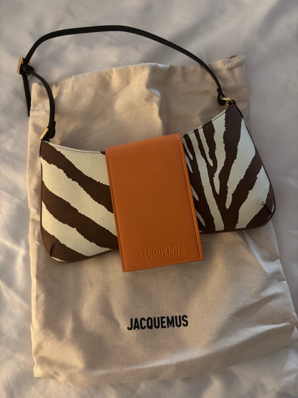 Jacquemus Brown & White Zebra Shoulder Bag with Orange Card Holder